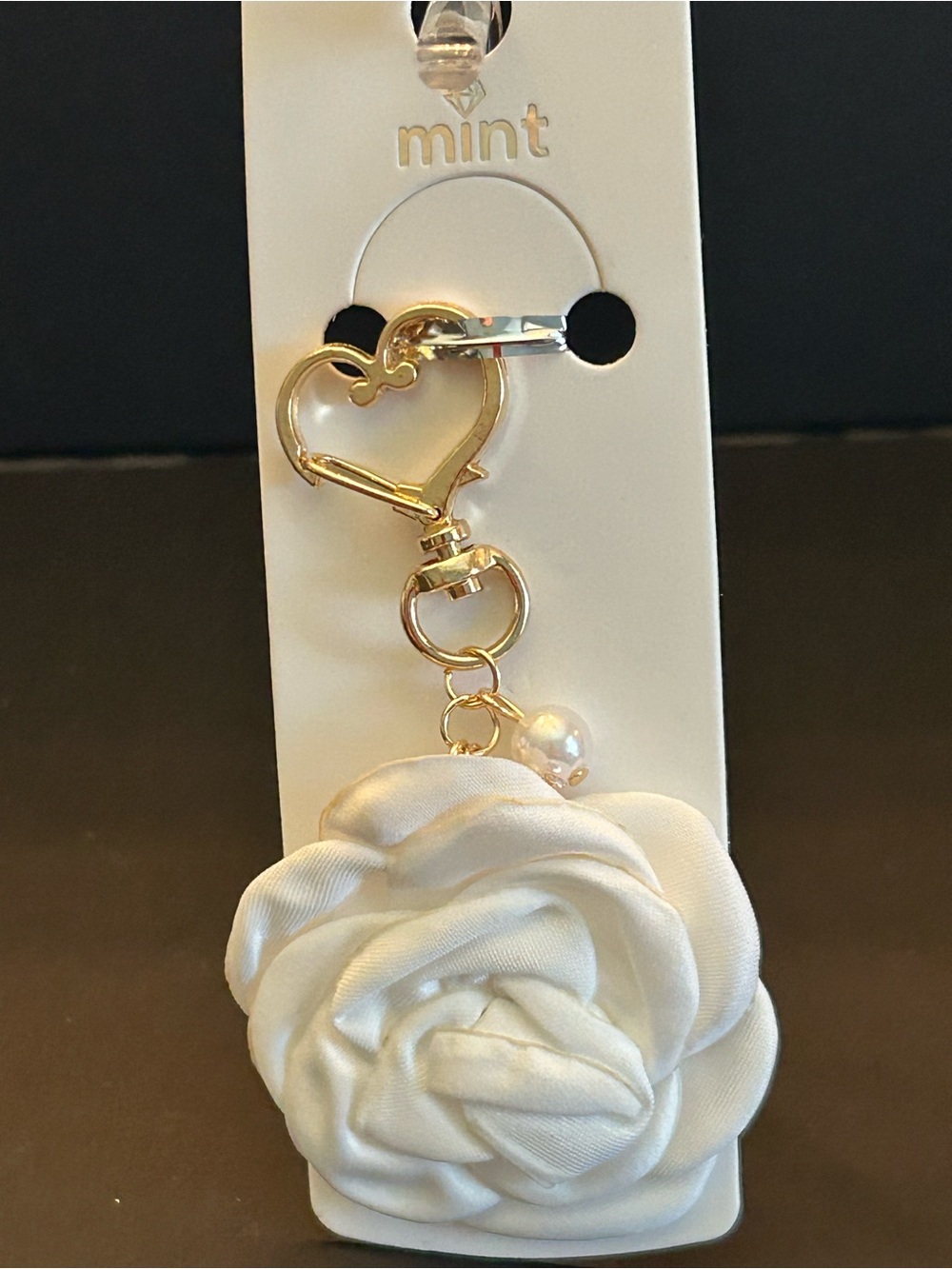 Mint Gold Heart Bag Charm With Fabric Rose Charm, Clear Crystals & Pearls NWT - Picture 5 of 8